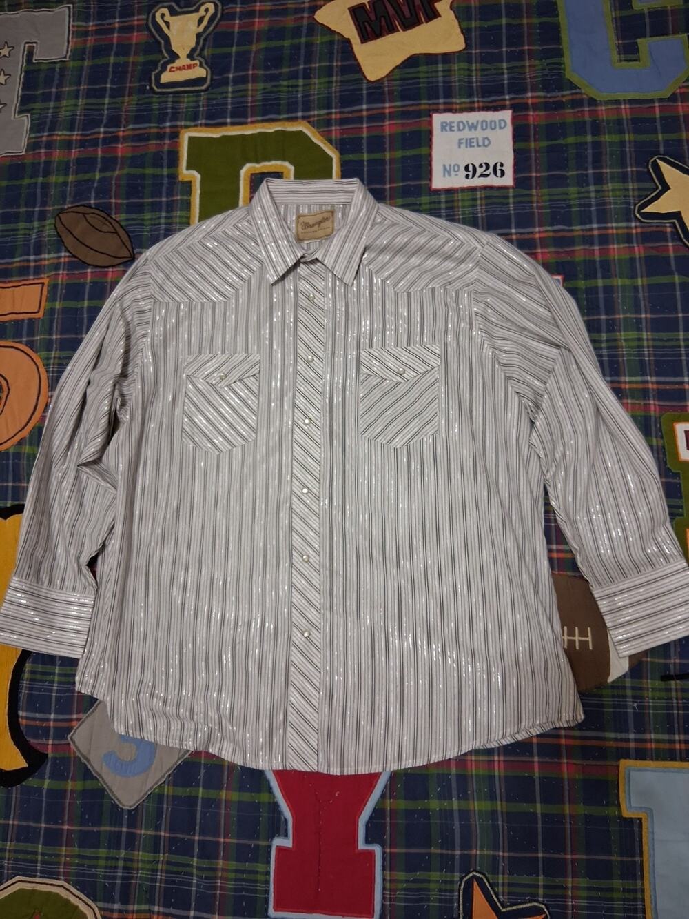 Wrangler Wrancher Men L Pearl Snap Shirt Grey Silver Metallic Pinstripe Western